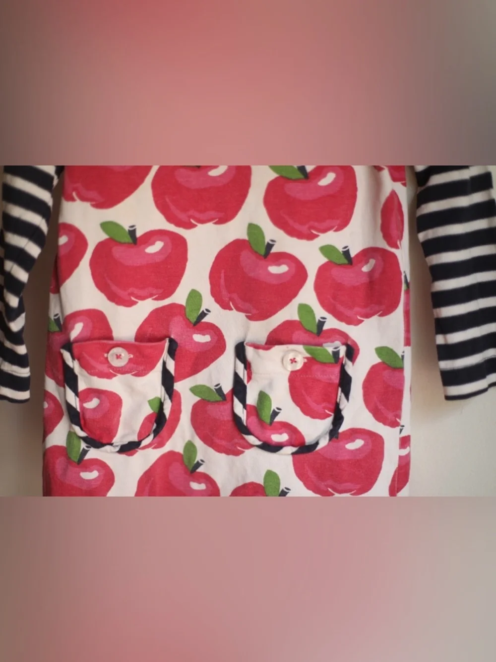 Hatley Apple Print Dress Girls Size 3 Red Apples Stripe Sleeve Vintage Style